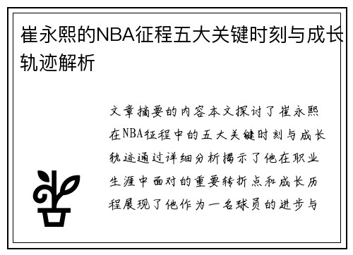 崔永熙的NBA征程五大关键时刻与成长轨迹解析 崔永熙的NBA征程五大关键时刻与成长轨迹解析